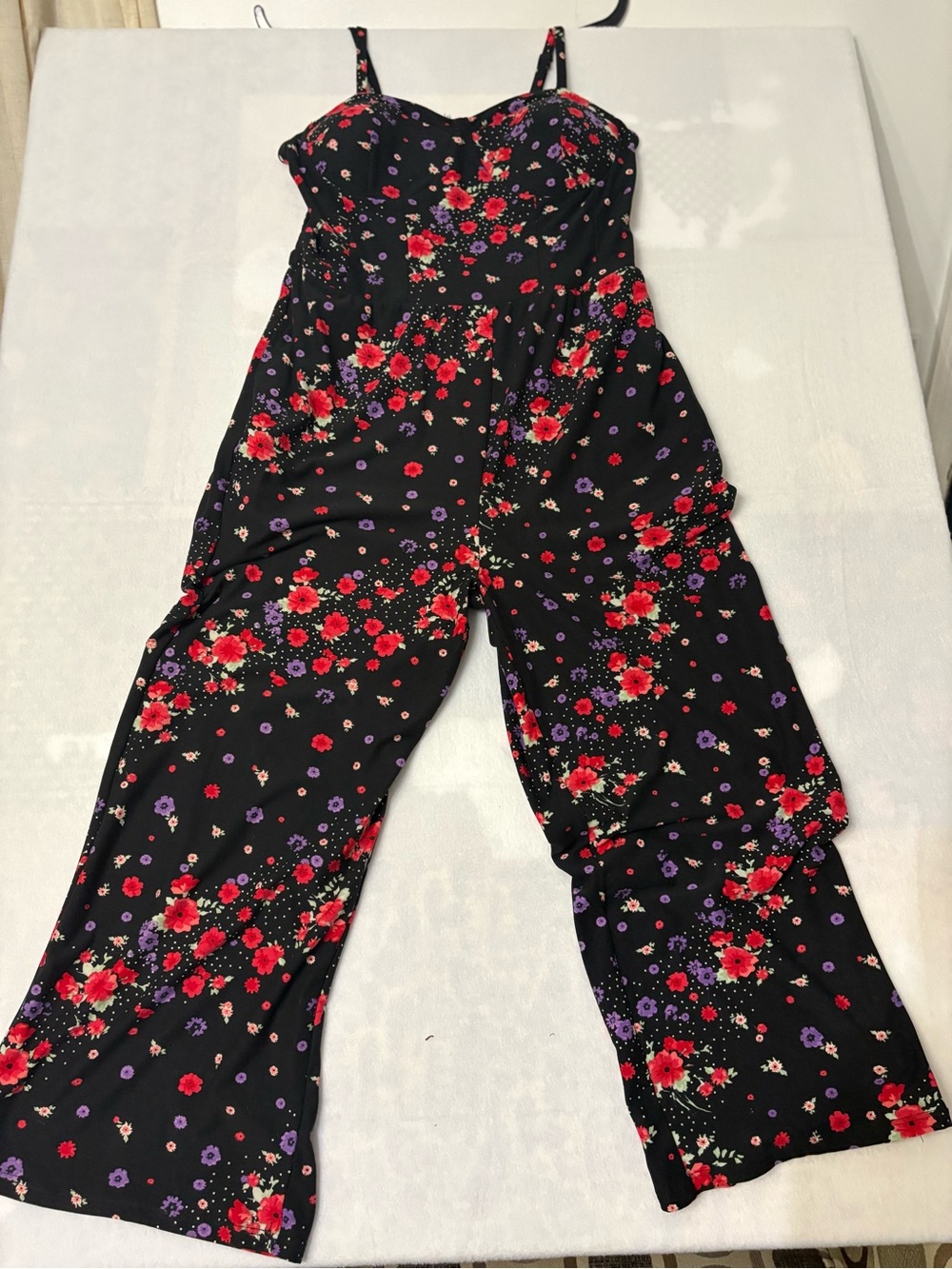 Women's Black Floral Jumpsuit with Spaghetti Straps NWOT size Large